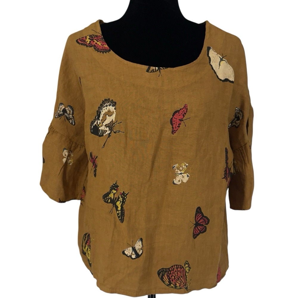 Viola Borghi Italy 100% Linen Butterfly Print Blouse Top Ochre Gold Women's